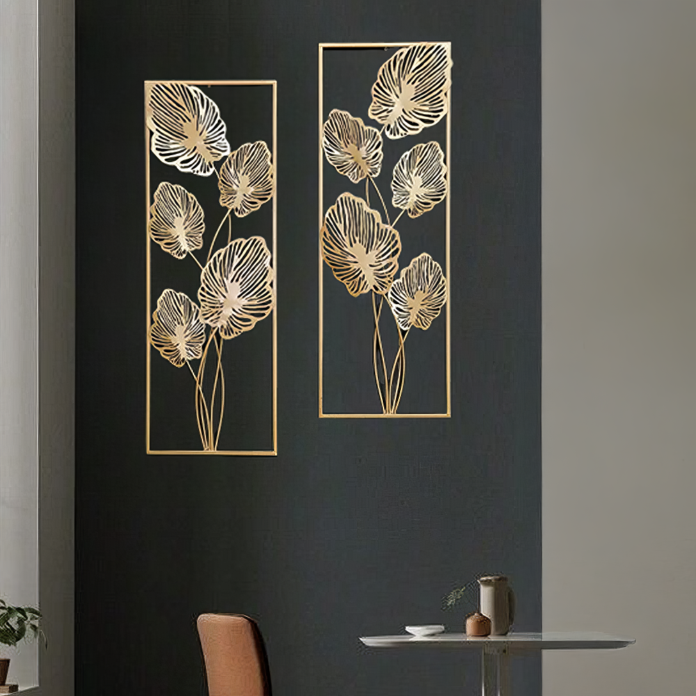 Set doua decoratiuni metalice frunze, tablou canvas pentru perete
